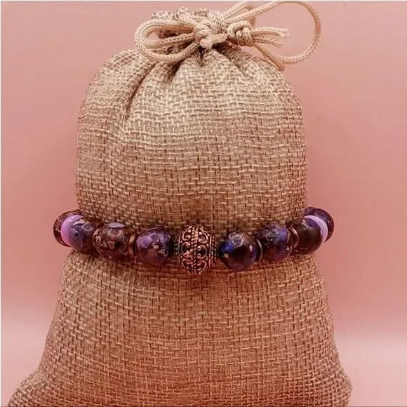 Purple Imperial Jasper, Morado Opal and Copper Beaded Bracelet - Picture 4 of 6